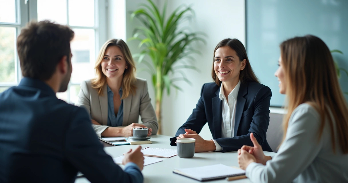 Liderança escutando a equipe em conversa aberta 