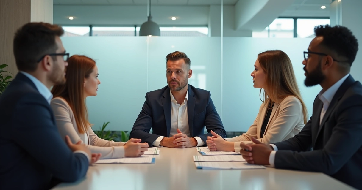 Liderança ouvindo equipe em conversa calma no escritório