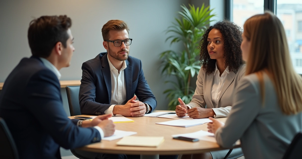 Liderança ouvindo equipe em ambiente corporativo 