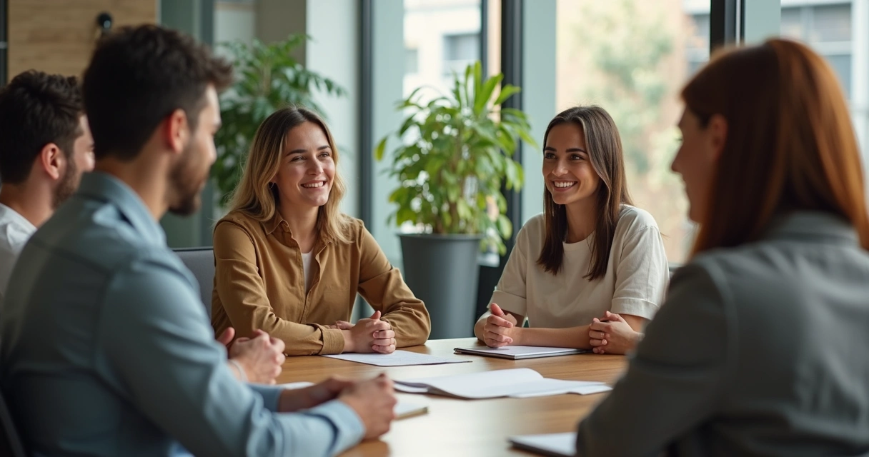 Liderança ouvindo equipe diversa em ambiente colaborativo 