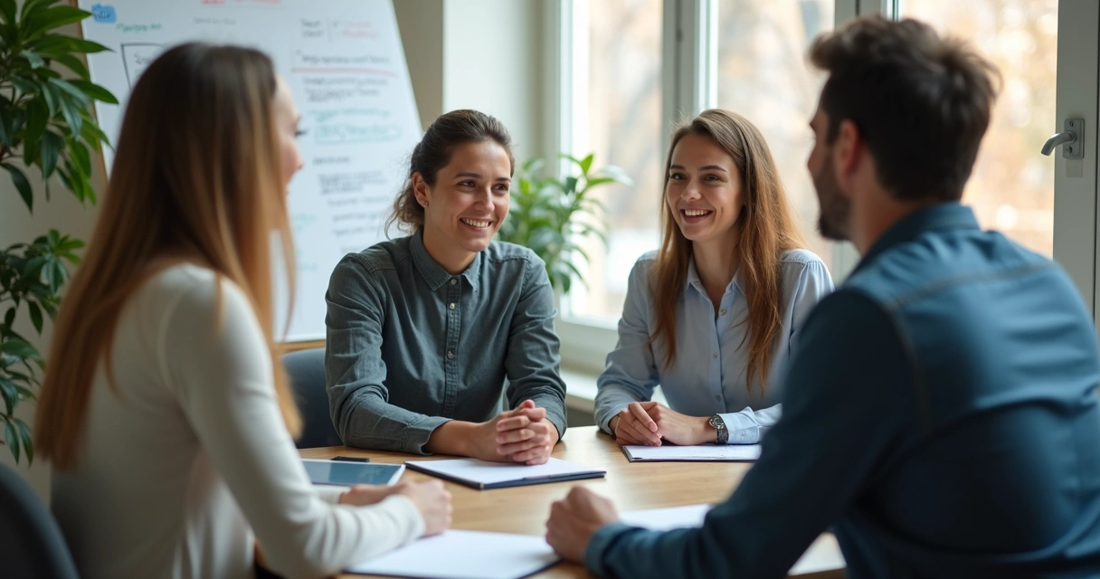 Gestor ouvindo equipe em conversa estruturada no escritório 
