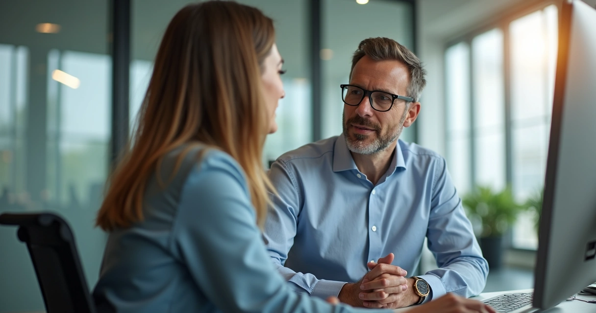 Líder escuta colaborador durante conversa no escritório moderno