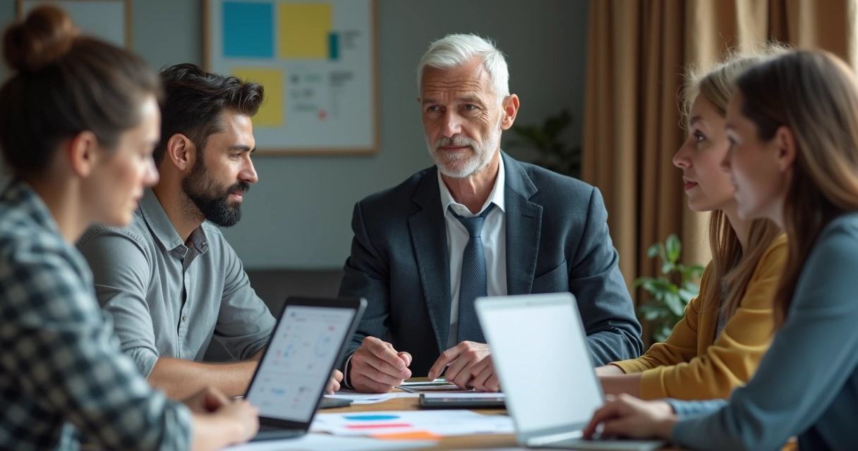 Líder ouvindo atentamente equipe multicultural em reunião 