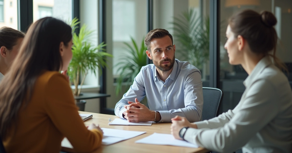 Liderança ouvindo equipe em conversa séria no escritório