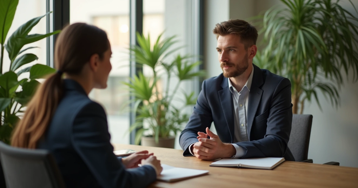 Liderança em escuta atenta durante conversa individual no escritório 