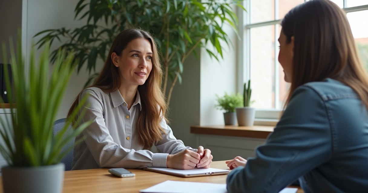 Líder conversando com integrante do time em ambiente de trabalho 