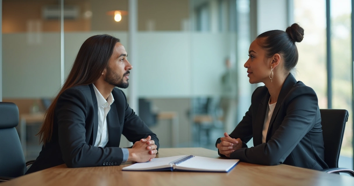 Liderança ouvindo integrante da equipe em conversa reservada 