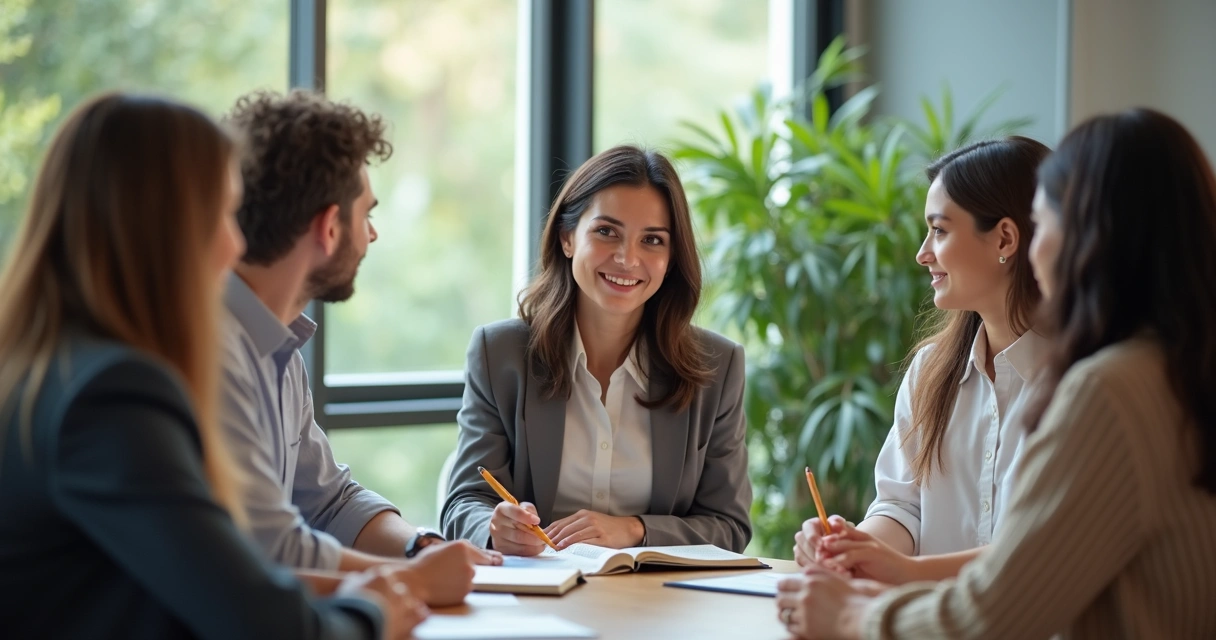 Liderança escutando equipe em conversa aberta no escritório 