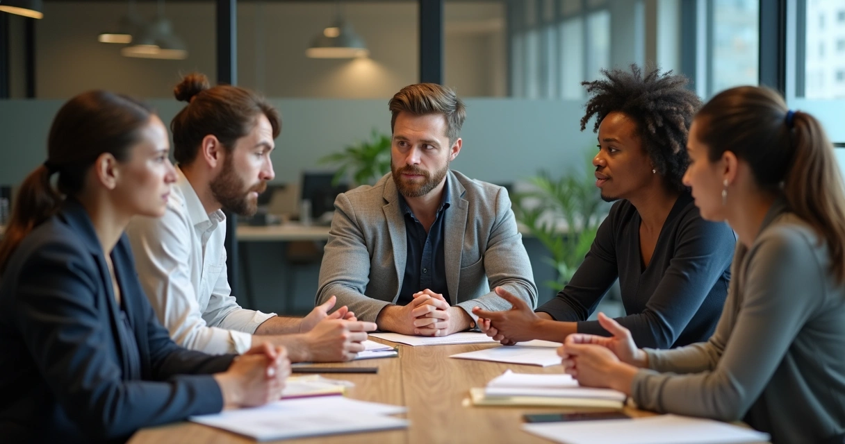 Grupo reunido em torno de mesa, líder atento ouvindo equipe em ambiente corporativo, todos demonstrando participação ativa. 