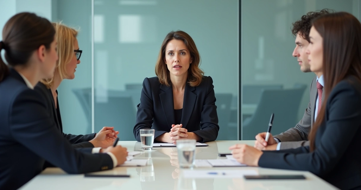 Gestora ouvindo equipe em sala de reunião 