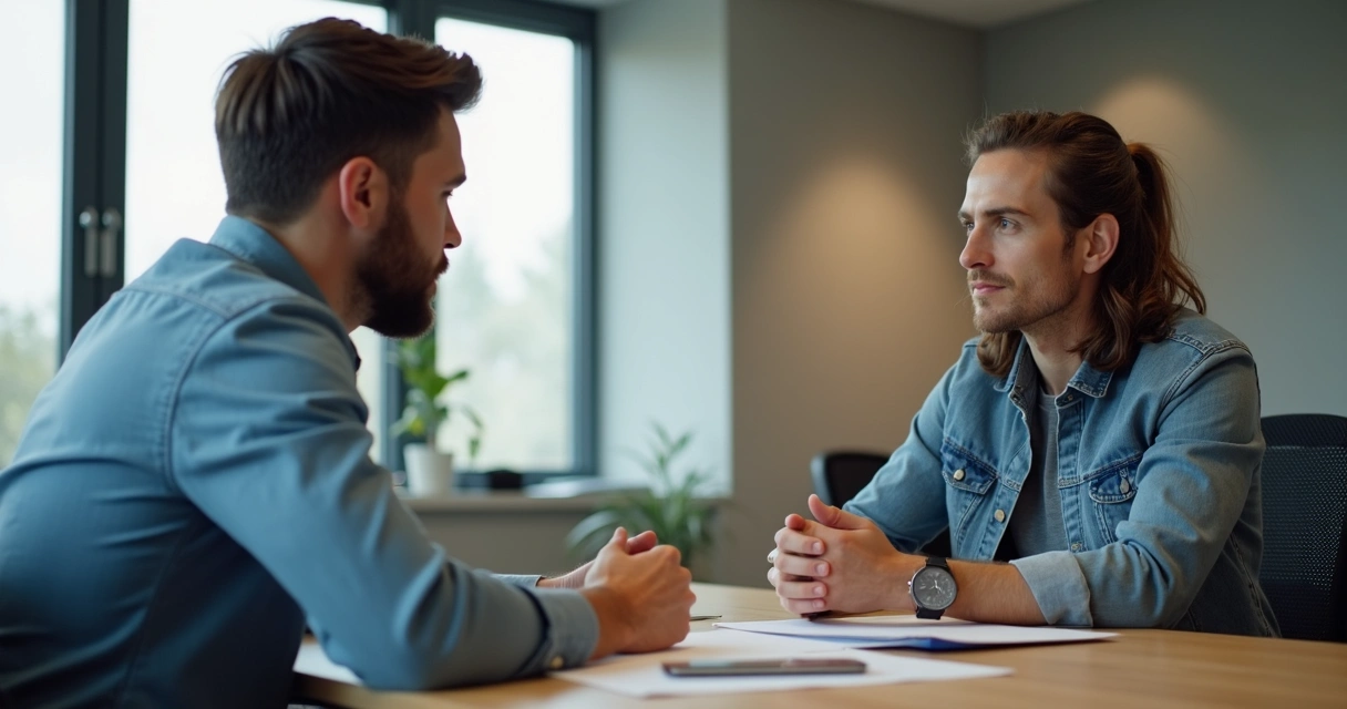 Líder sentado à mesa ouvindo atentamente feedback de colega, expressão neutra, sala de escritório moderna, tons claros e detalhes minimalistas 