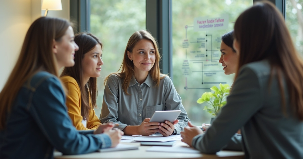 Liderança conversando com equipe em ambiente de trabalho 