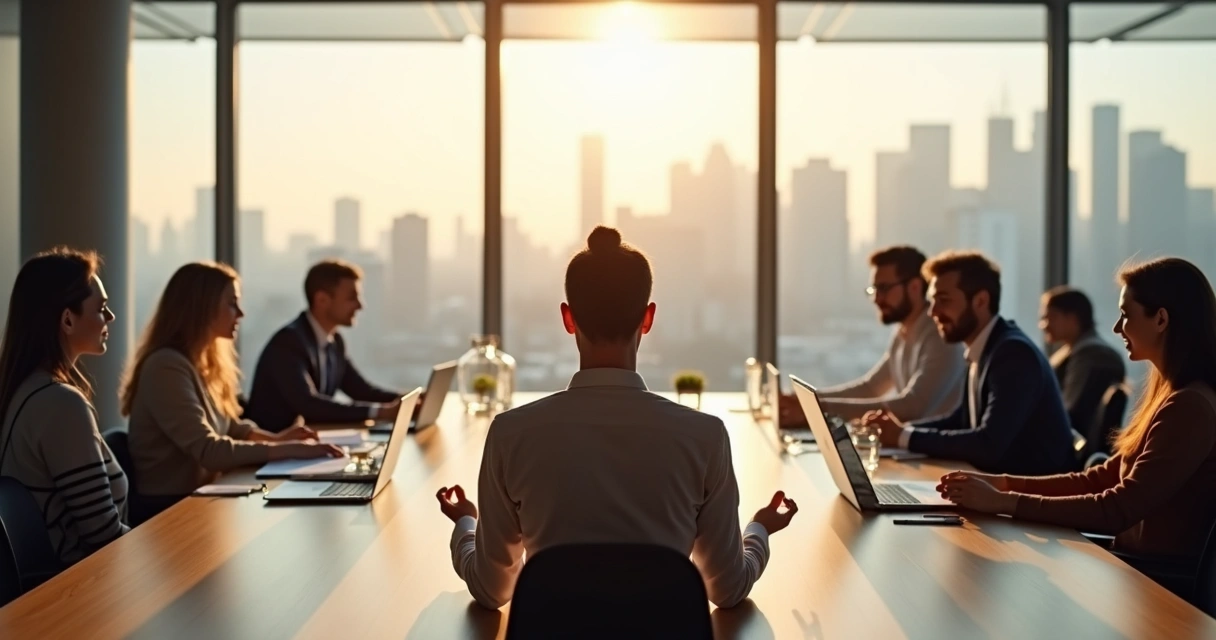 Executivo em sala de reunião meditando com equipe ao fundo 