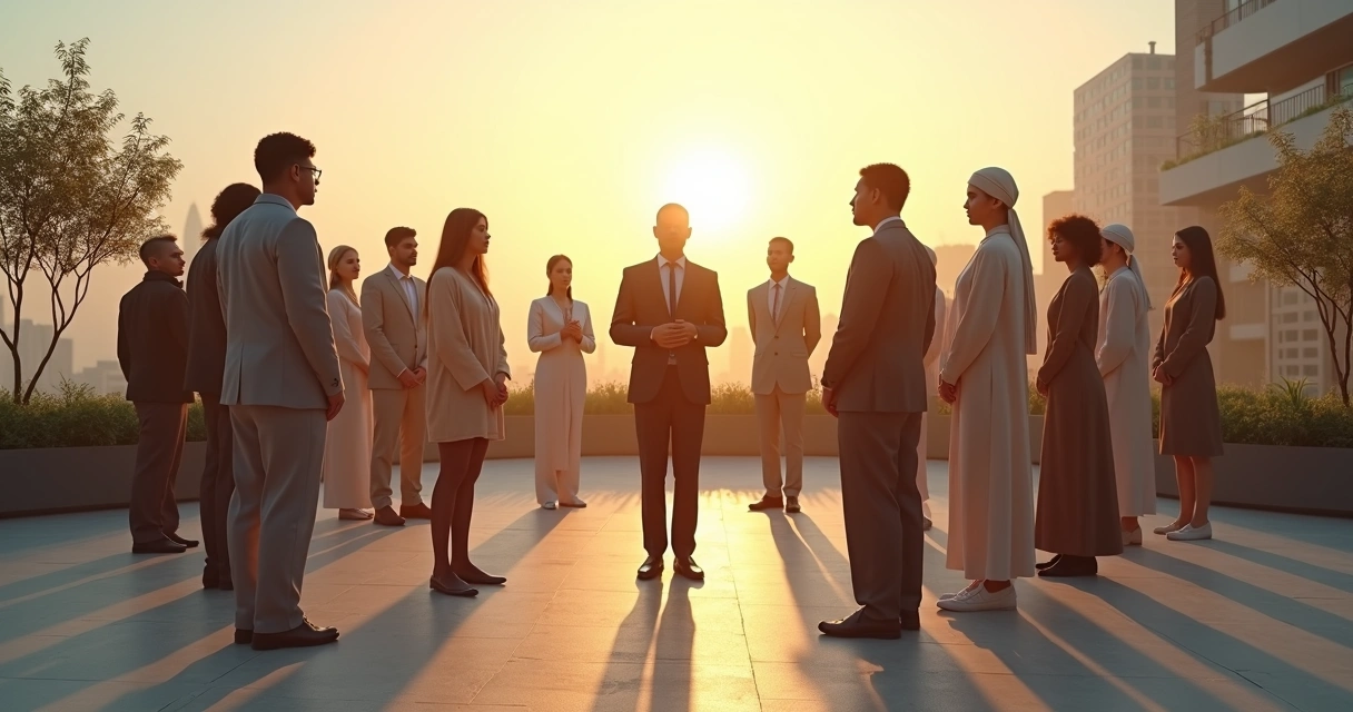 Líder ao ar livre com equipe multicultural em círculo meditando ao nascer do sol 