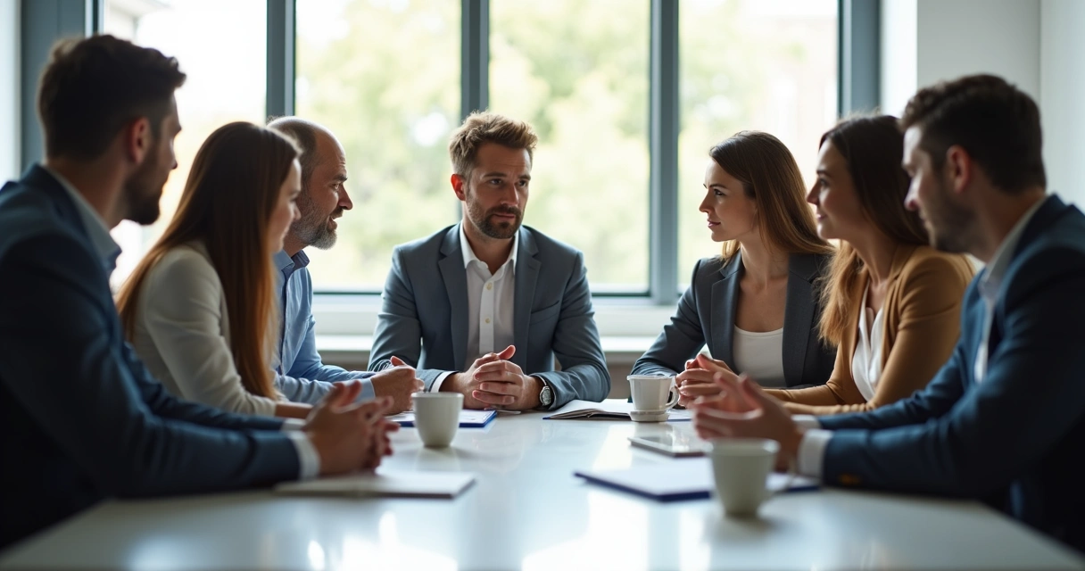Grupo de pessoas em reunião de trabalho, interagindo com gestos de escuta e respeito 