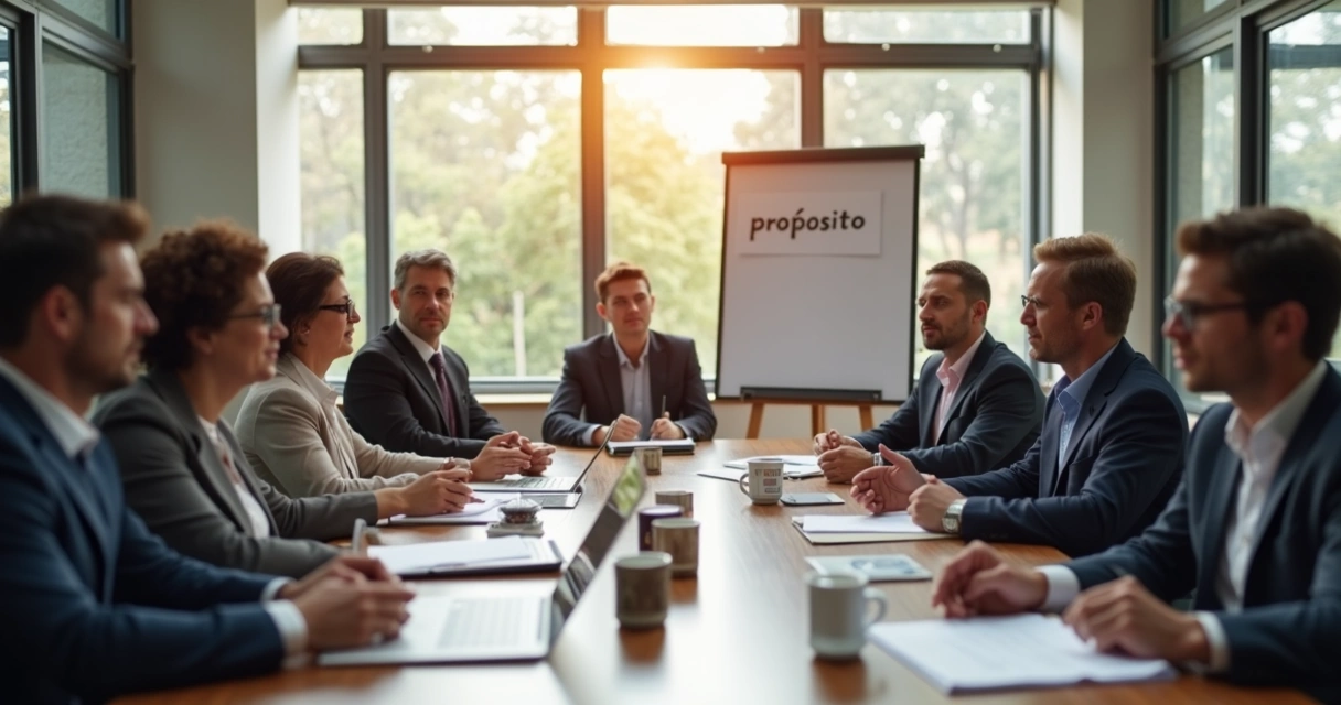 Executivos reunidos em sala de reunião com clima de cooperação