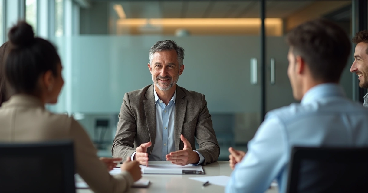 Líder ouvindo equipe com empatia em sala de reunião