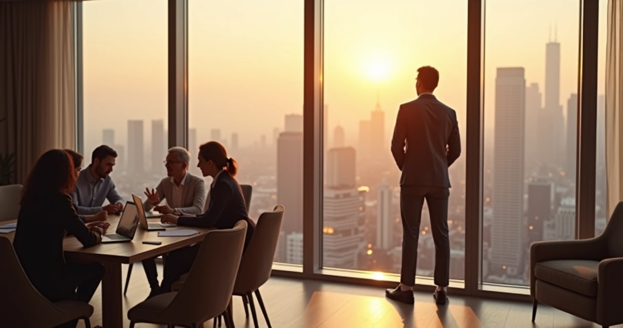 Líder em reunião contemplando vista urbana ao amanhecer 