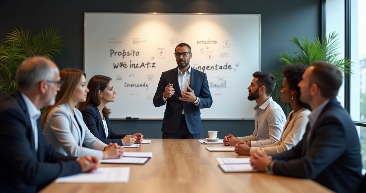 Líder apresenta equipe diversa em sala iluminada, quadro branco ao fundo