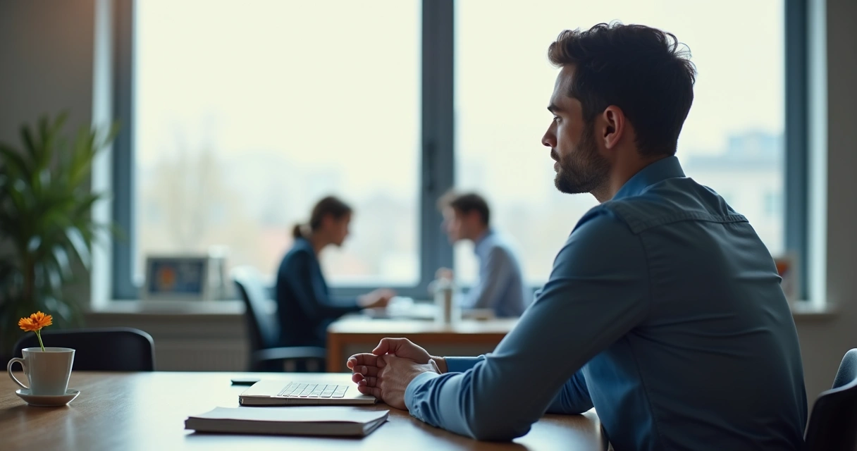 Líder refletindo em um ambiente de trabalho tipo escritório, com luz suave e elementos sutis que remetem à contemplação.
