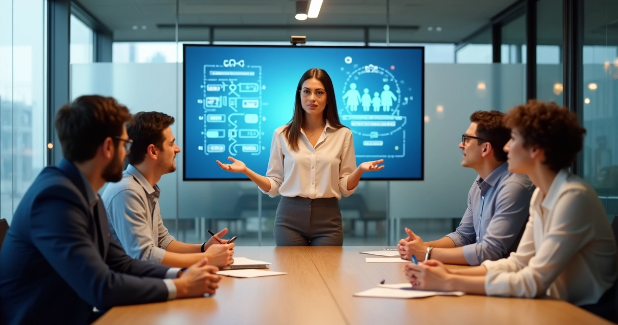 Líder apresenta ideias a equipe mista em reunião moderna 