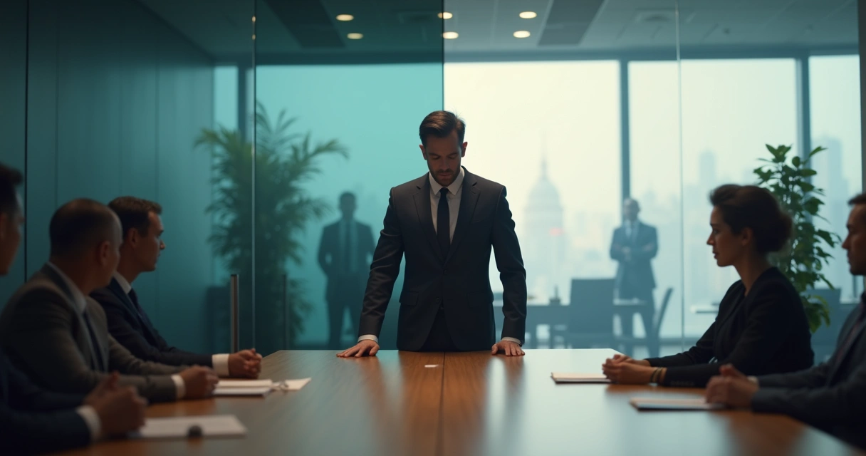 Líder em sala de reunião dividido entre sombra escura e luz clara 