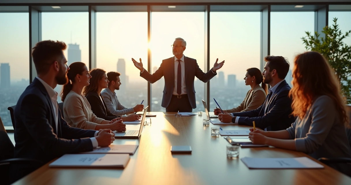 Mesa de reunião com líder guiando equipe em decisão ética 