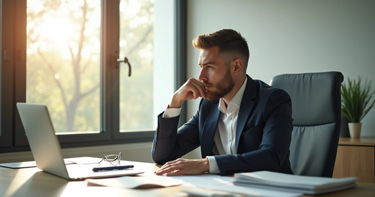 Gerente tomando decisão ética em mesa de trabalho, refletindo com papéis e laptop.