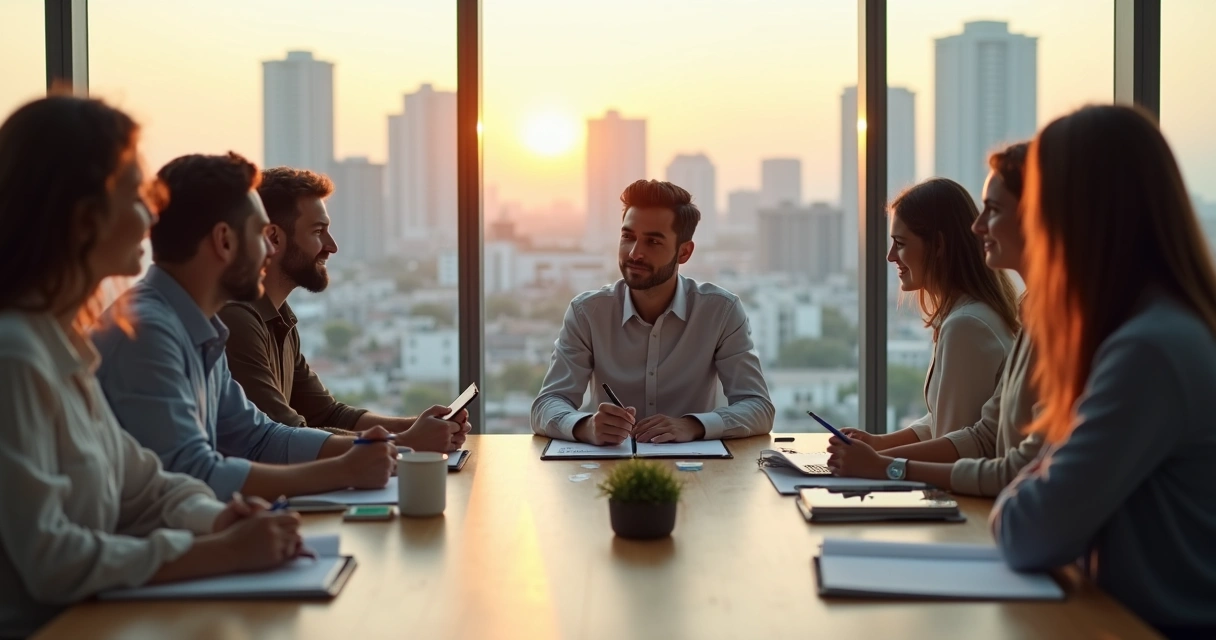 Grupo diverso de líderes em mesa redonda em ambiente corporativo moderno 