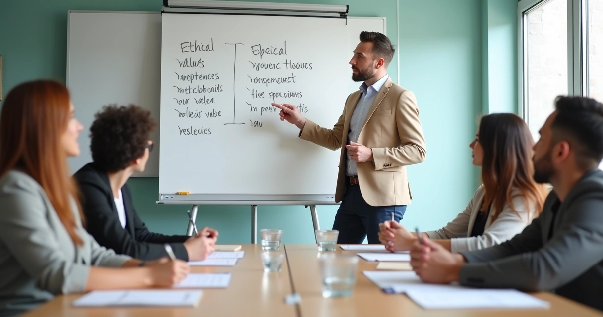 Líder em reunião com equipe apontando para quadro branco 