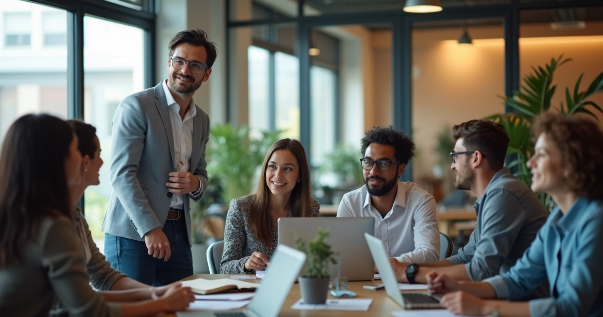 Equipe reunida com líder em ambiente de trabalho moderno