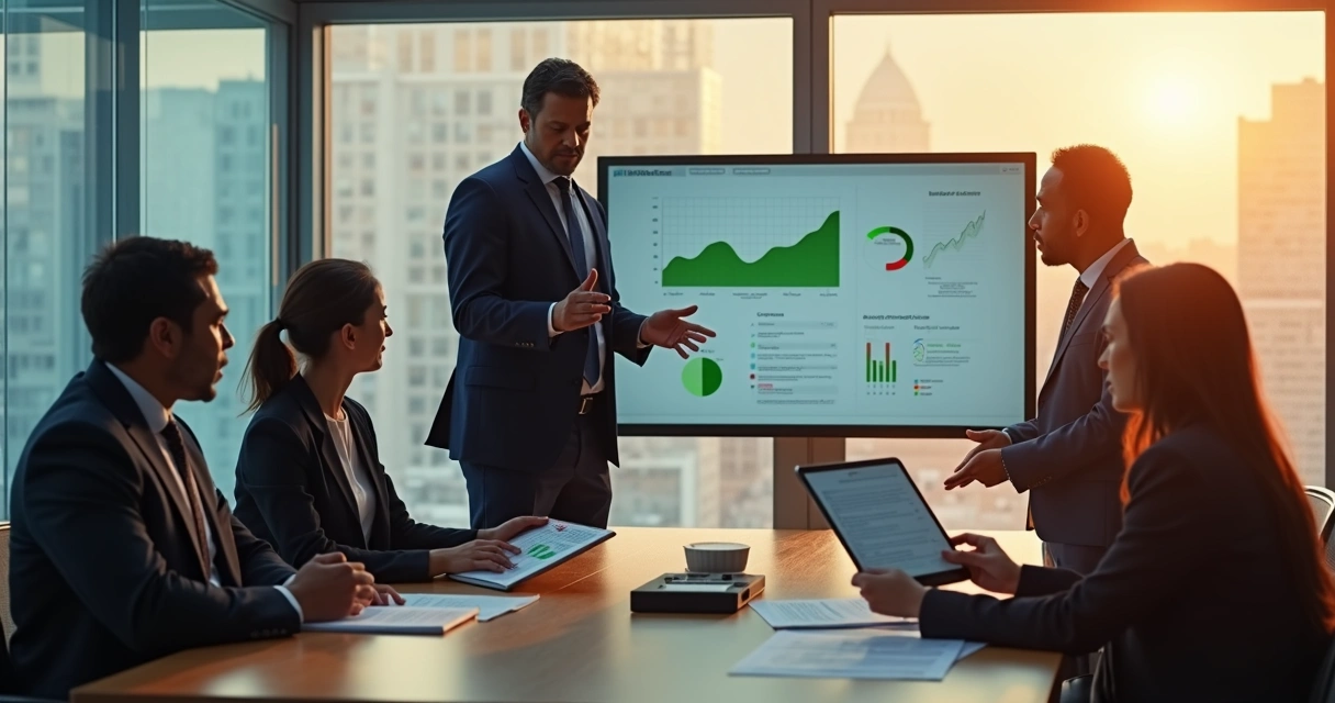 Líder em reunião com equipe de alta performance em ambiente corporativo moderno 