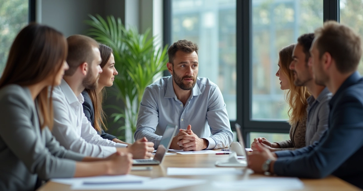 Equipe reunida em sala de reunião com líder orientando discussão 