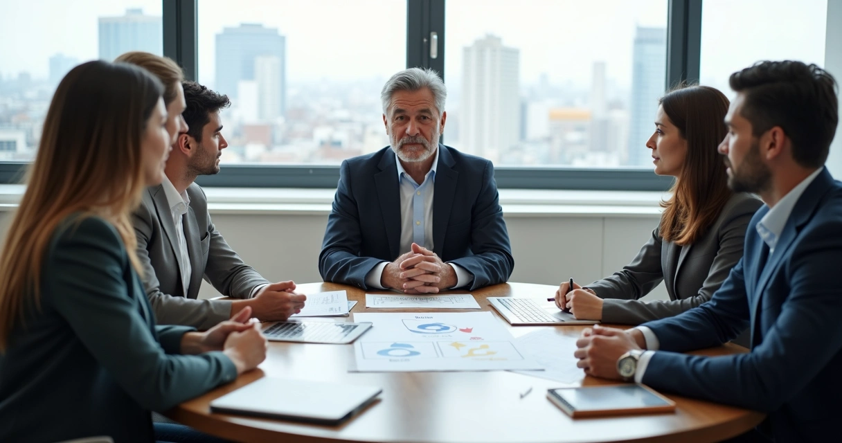 Líder em reunião com equipe em mesa redonda discutindo decisões éticas 