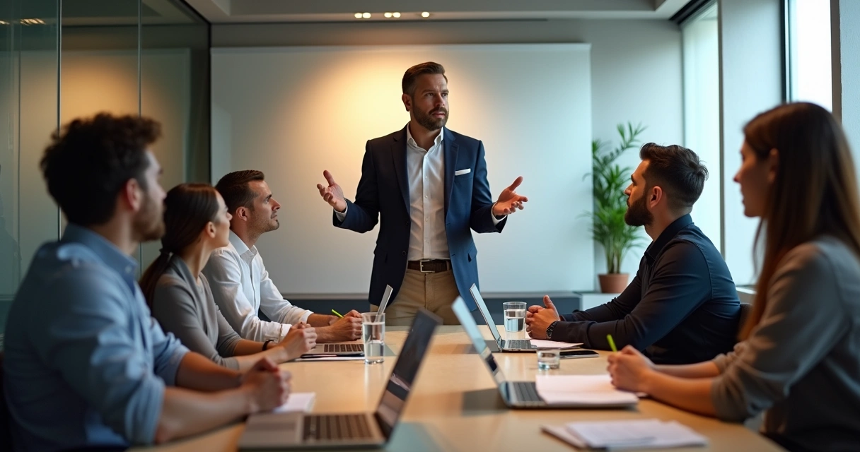 Equipe reunida em reunião com líder promovendo diálogo ético 