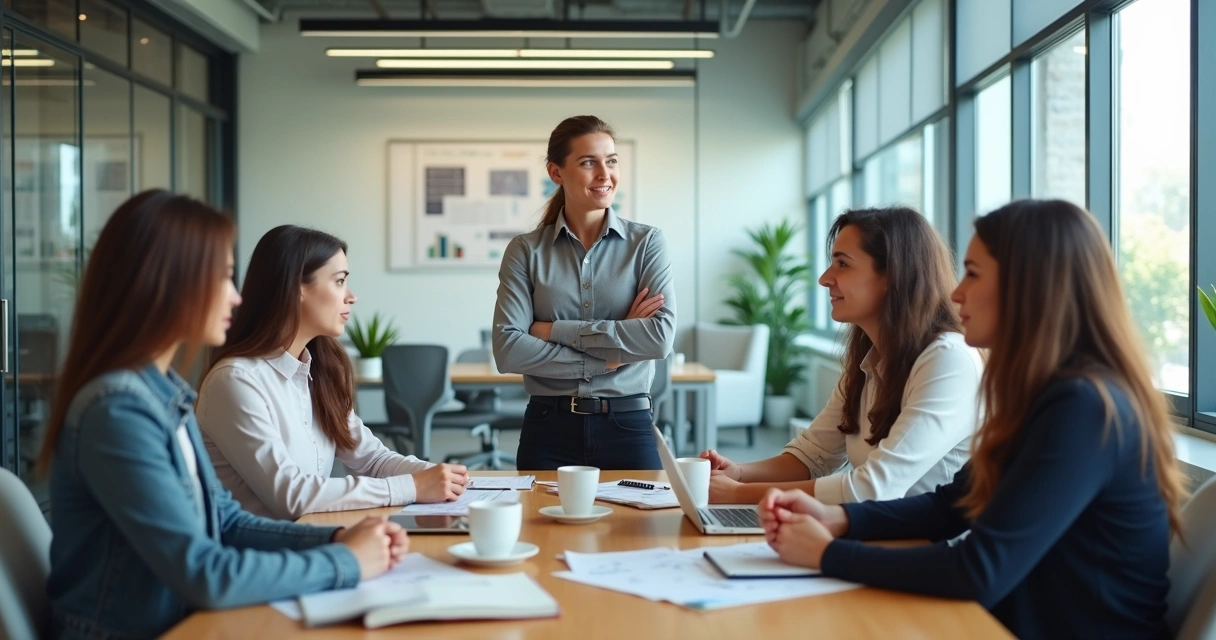 Liderança conversando com equipe sobre valores no escritório