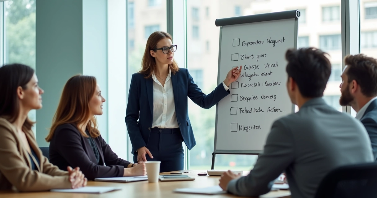 Líder orientando equipe de modo respeitoso, apontando para quadro branco em sala moderna. 