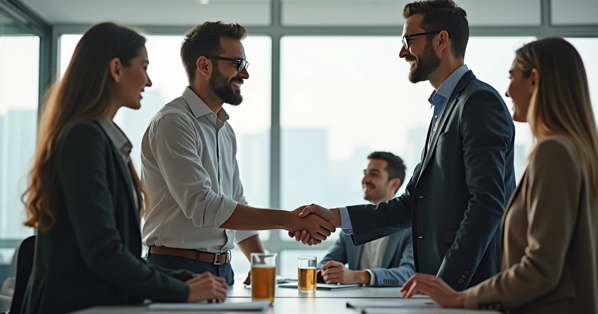 Líder apertando a mão de um colaborador sorrindo, outros observam em segundo plano.