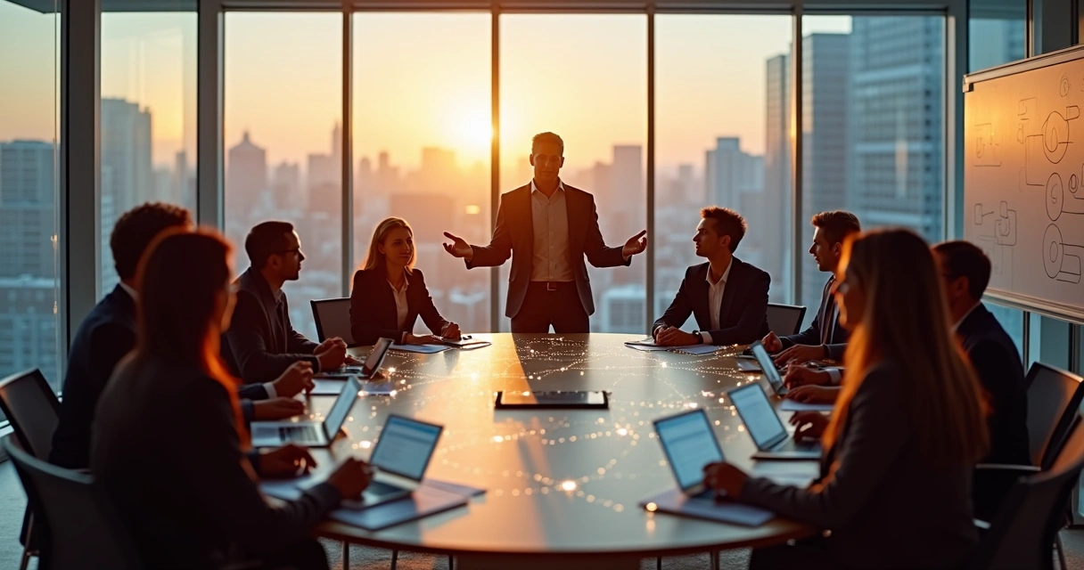 Líder em reunião circular com equipe conectada por linhas de rede 