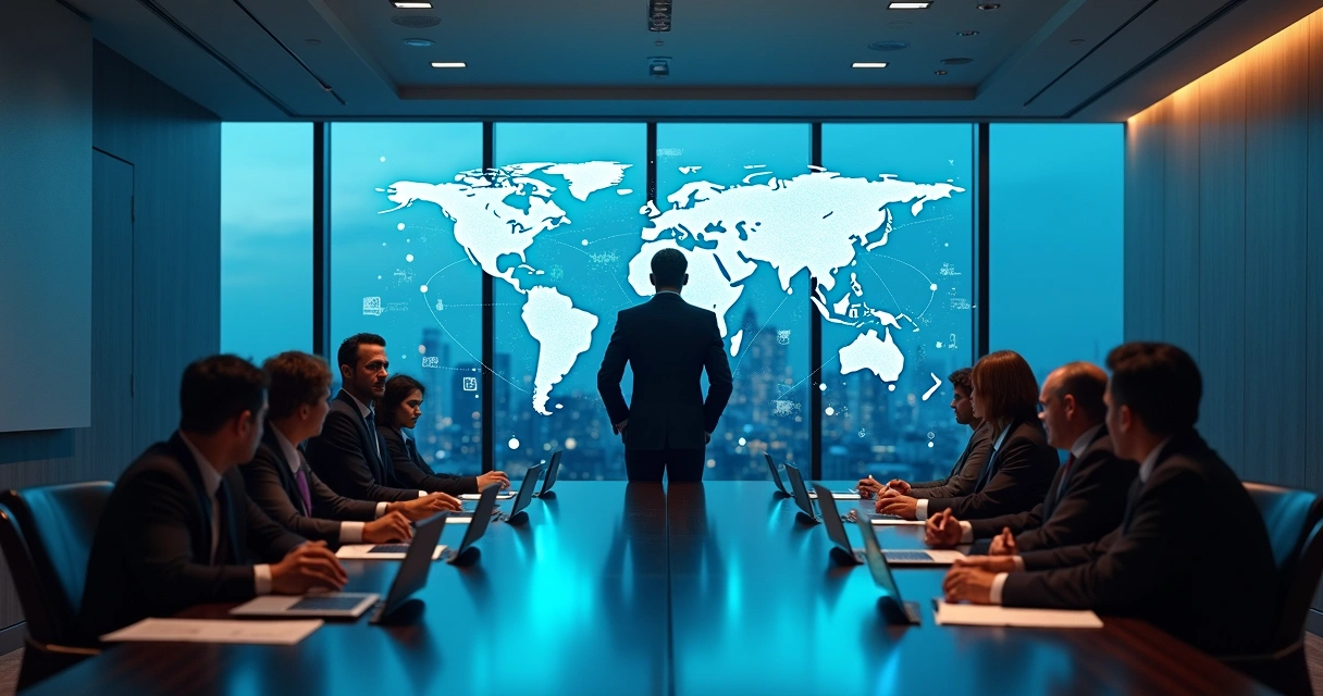 Líder empresarial em mesa de reunião global com mapa-múndi iluminado ao fundo 