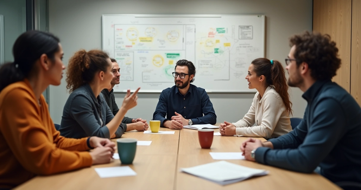 Reunião com líder ouvindo ativamente opiniões de equipe diversa 