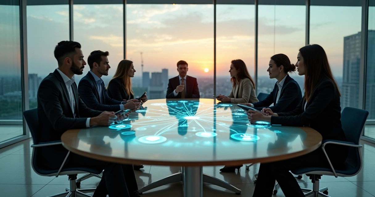 Grupo diverso de líderes em mesa redonda com conexões digitais e cidade futurista ao fundo 
