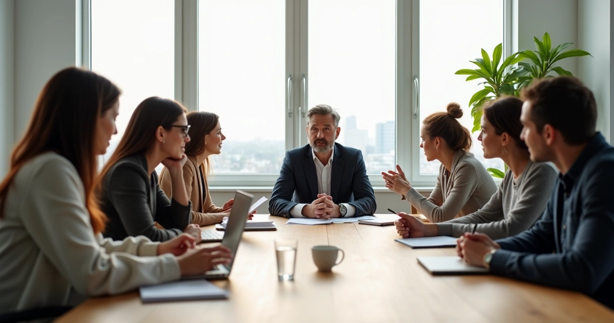 Líder em reunião guiando equipe com calma e escuta atenta 