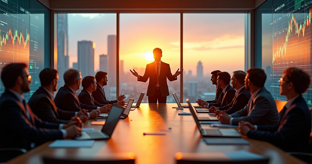 Líder em reunião estratégica com gráficos voláteis ao fundo simbolizando credibilidade ética 