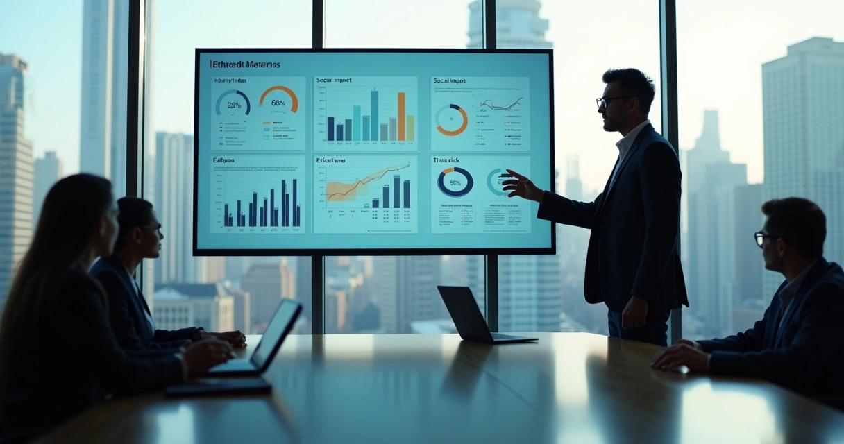 Líder analisando métricas éticas em painel digital de gestão 
