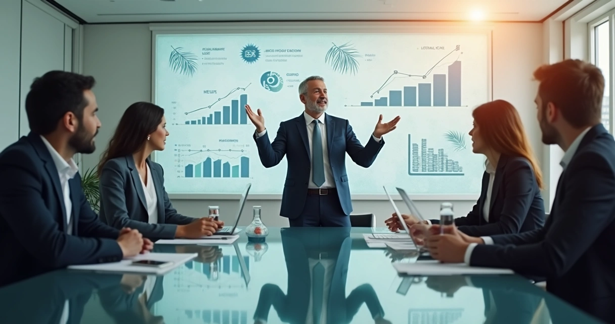 Executivo discutindo responsabilidade ética com equipe ao redor de mesa de reunião 