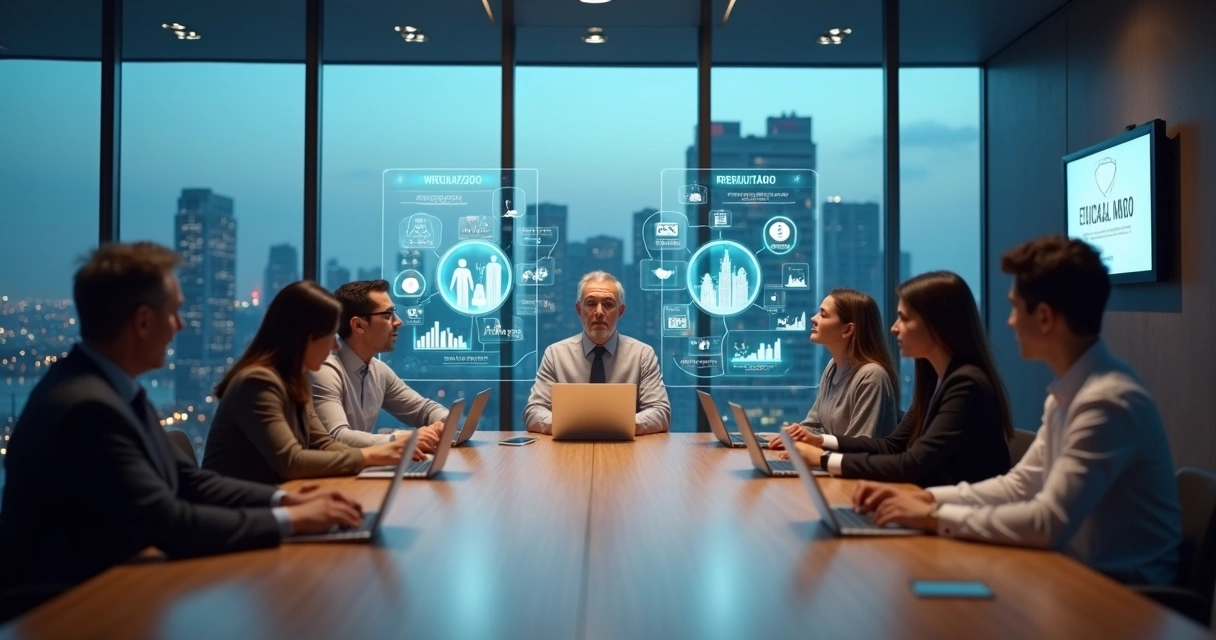 Mesa de reunião com líder refletindo sobre decisões éticas diante da equipe 