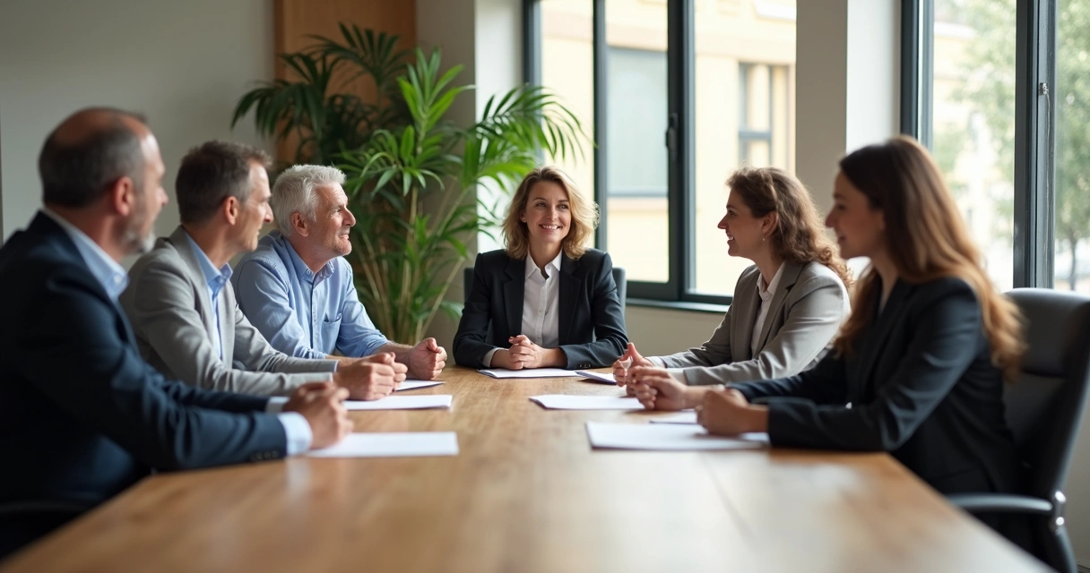 Grupo de pessoas em uma mesa de reuniões discutindo de forma harmônica e respeitosa 