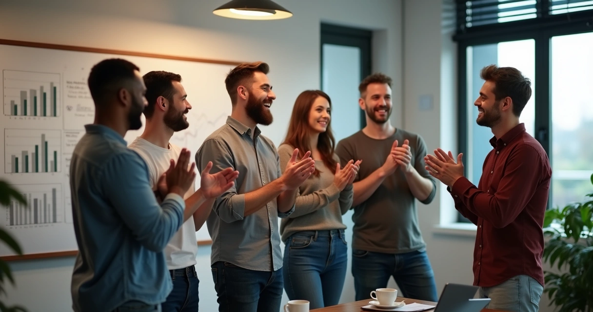Grupo de pessoas comemorando juntos no ambiente de trabalho 