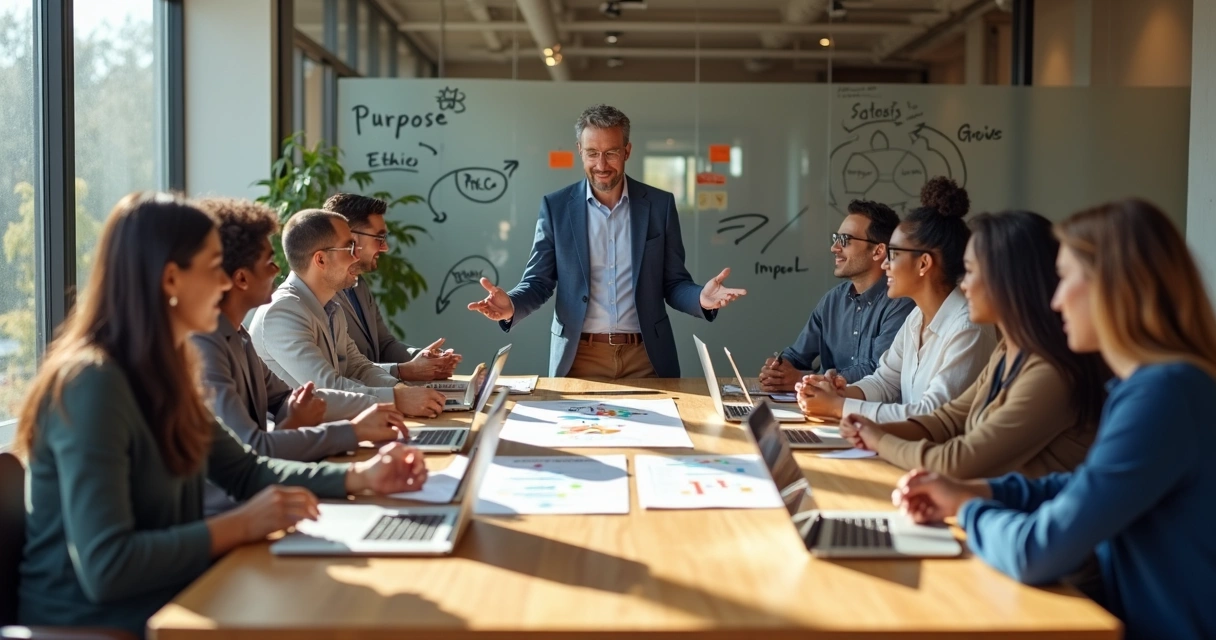 Líder em reunião com equipe ao redor de mesa de madeira com luz natural 
